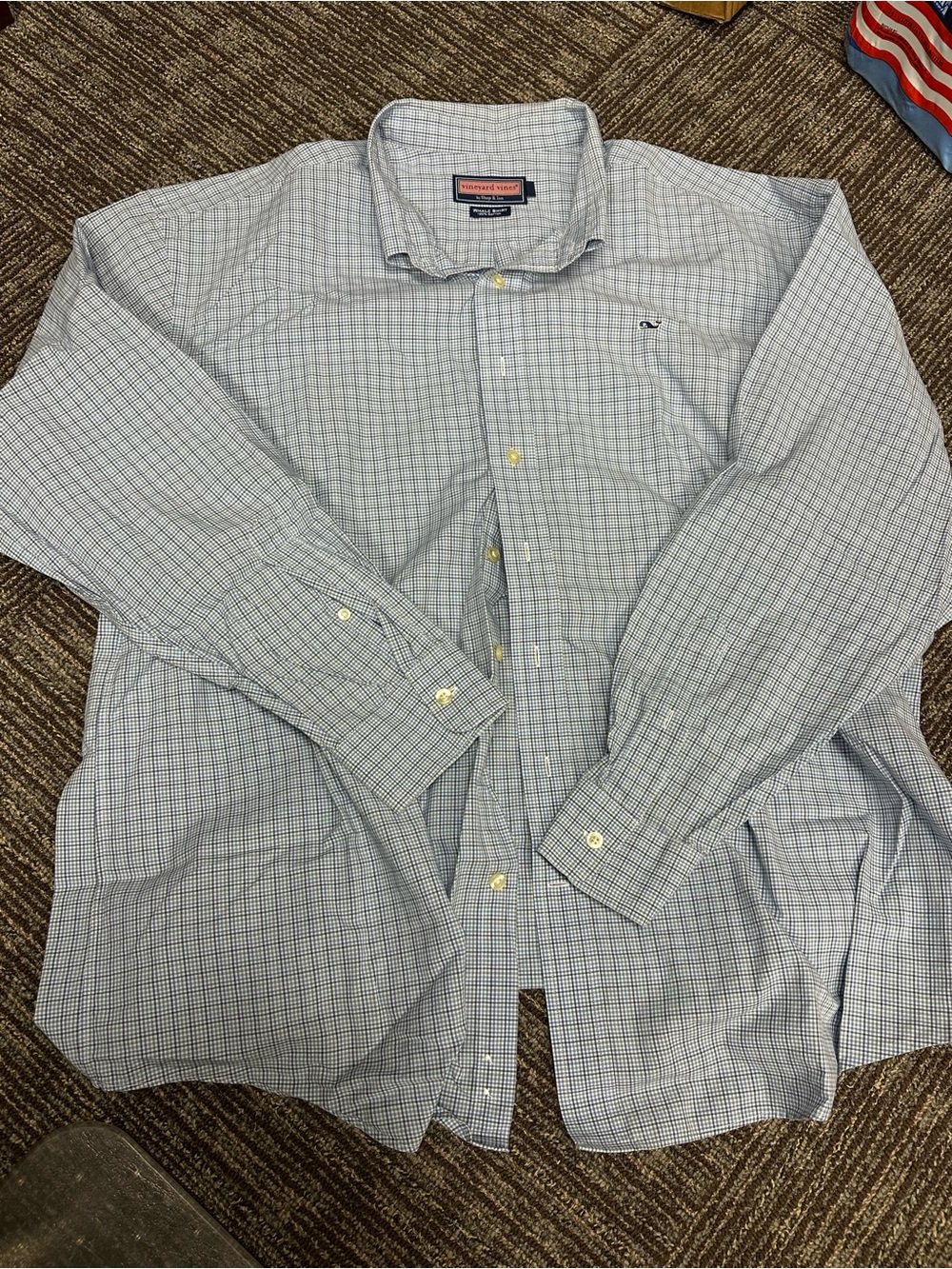Vineyard Vines Men's Light Blue and White Check Button-Down Shirt